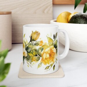 Yellow Rose Mug, Mug with Flowers, Botanical Mug, Rose Mug, Yellow Rose Flower Mug, Floral Mug, 11oz Mug