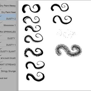 May include: A selection of digital art brushes, including "Dusty 2" and "Extra Sprinkles", with black, textured brush strokes and swirly designs on a white background. Text labels identify each brush style.