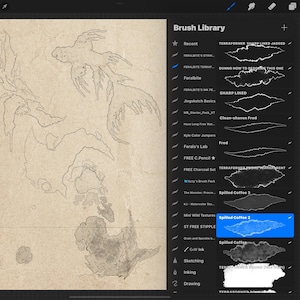 May include: Digital art illustration on a tablet screen. The artwork features a detailed outline of a bird and abstract shapes on a textured background. The "Brush Library" panel is visible, with brush options like "Spilled Coffee 2".