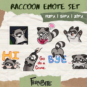 May include: A set of raccoon-themed emotes with various expressions and poses. The emotes include a raccoon with a thought bubble, waving, and peeking out with the word "HI". The text "RACCOON EMOTE SET" is at the top.