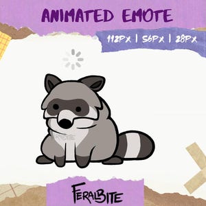 Könnte beinhalten: Animierter Emote mit einem Cartoon-Waschbären in Grautönen, mit schwarzer Maske und gestreiftem Schwanz. Der Text „ANIMATED EMOTE“ und Größenangaben sind enthalten. Das Logo „FERALBITE“ ist ebenfalls vorhanden.