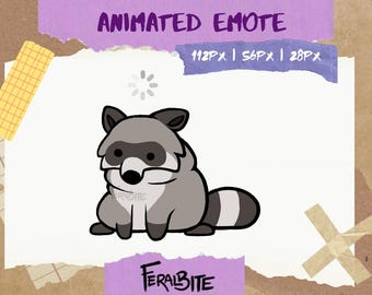 May include: Animated emote of a cartoon raccoon in grey tones, with a black mask and striped tail. The image includes the text "ANIMATED EMOTE" and size dimensions. The logo "FERALBITE" is also present.