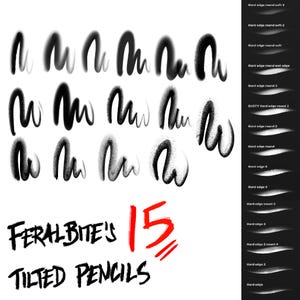May include: An image showcasing 15 tilted pencil brushes with various textures and edges. The text "FERALBITE'S TILTED PENCILS" is displayed in black, with the number "15" in red. A selection of brush stroke examples are shown.