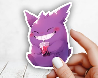 Cute Gengar Drinking Boba, Pokemon Sticker - Laptop, Planners, Journaling, Hydroflask, Yeti, Water bottle Sticker
