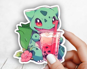 Cute Bulbasaur Drinking Boba Pokemon Halloween Sticker - Laptop, Planners, Journaling, Hydroflask, Yeti, Water bottle Sticker, Vinyl Decal