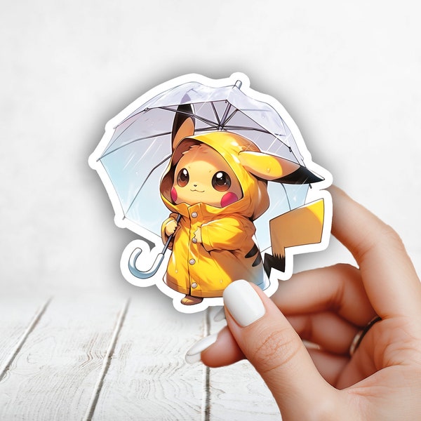 Cute Pikachu Holding Umbrella in the Rain Pokemon Halloween Sticker - Laptop, Planners, Journaling, Hydroflask, Yeti, Water bottle Sticker