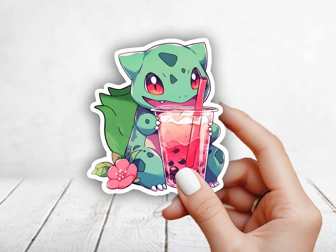 Cute Bulbasaur Drinking Boba Pokemon Halloween Sticker Laptop, Planners