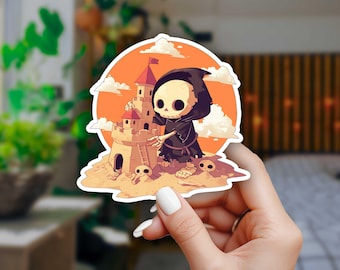 Reaper Building Sand Castle Halloween Sticker - Laptop, Planners, Hydroflask, Stationary, Yeti, Water bottle Sticker, Vinyl Decal