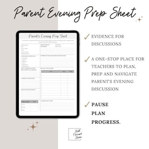 May include: A digital tablet displaying a "Parent's Evening Prep Sheet" with sections for student information, concerns, and strengths. Text on the right side highlights the sheet's purpose: evidence for discussions, a planning tool, and a guide to progress.