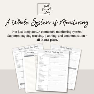 Puede incluir: Imagen con fondo crema con el texto "A Whole System of Monitoring". Se ven tres hojas de papel, tituladas "Parent's Evening Prep Sheet", "Individual Monitoring Sheet" y "Student Snapshot".
