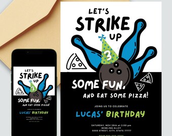以下が含まれることがあります： ボウリングをテーマにした誕生日パーティーの招待状。デザインは、パーティーハットと「Let's Strike Up Some Fun and Eat Some Pizza！」というテキストが付いたボウリングピンが特徴です。招待状には「Lucas' Birthday」というテキストが含まれています。