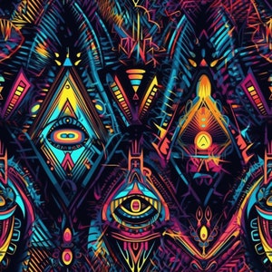 May include: Abstract psychedelic pattern with repeating geometric shapes in shades of blue, yellow, red, and purple. The pattern features stylized eyes and other geometric shapes.