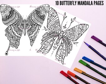 Set of 10 Butterfly Mandala Coloring Pages | Printable Coloring Sheets for Adults and Kids
