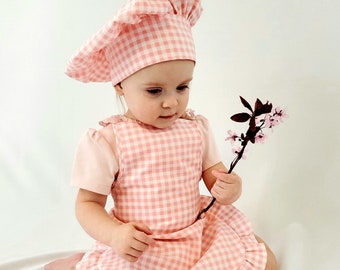 Girls pink apron set. Kids apron set for girls 6 -24 months, 3-5 years old. Little chef apron and hat. Pink apron for baby and toddler.