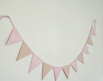 Bunting flags fabric  garland for nursery, girls room decor, gift for new mom, baby shower ornaments. Pink pennant garland decor.