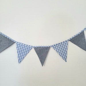 Bunting banner for boys room, garland flag bunting in blue. Handmade wall hanging fabric triangle flags for baby, toddlers room.