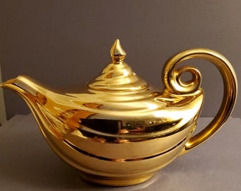 Vintage Golden Glo Hall Aladdin Teapot 22K Gold Porcelain with Lid and Infuser