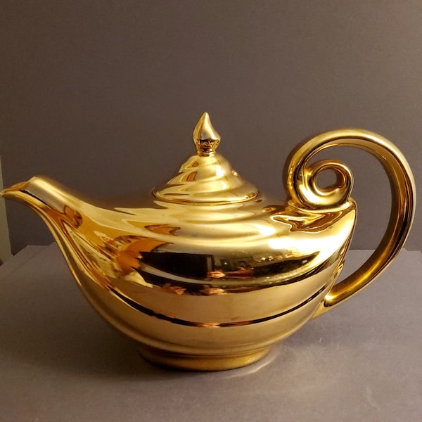 Vintage Golden Glo Hall Aladdin Teapot 22K Gold Porcelain with Lid and Infuser
