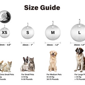 May include: Size guide for pet ID tags with four different sizes: XS, S, M, and L. Each size is shown with a corresponding tag, a measurement in inches and millimetres, and a suggested weight range for pets in kilograms and pounds.
