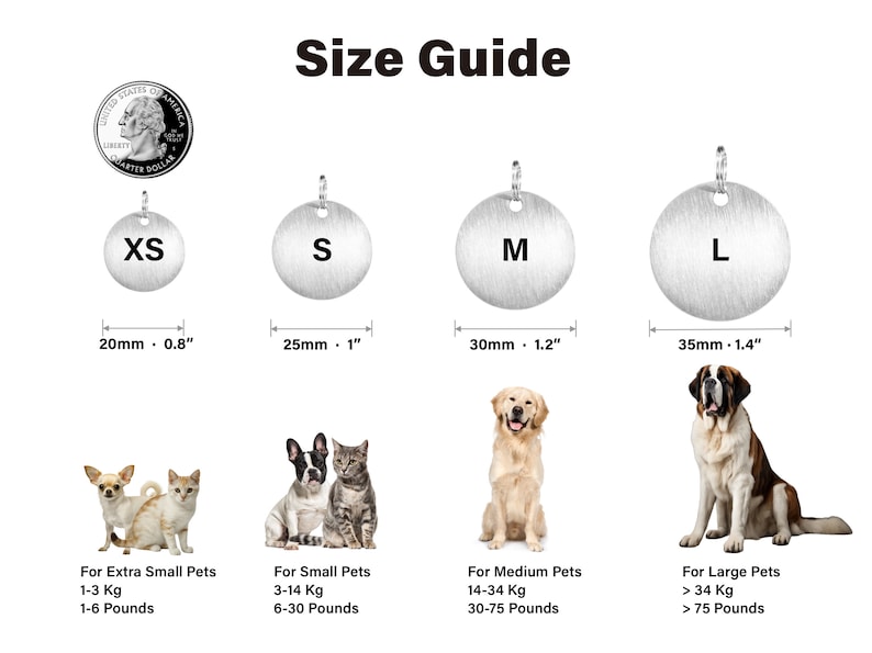 May include: Size guide for pet ID tags with four different sizes: XS, S, M, and L. Each size is shown with a corresponding tag, a measurement in inches and millimetres, and a suggested weight range for pets in kilograms and pounds.