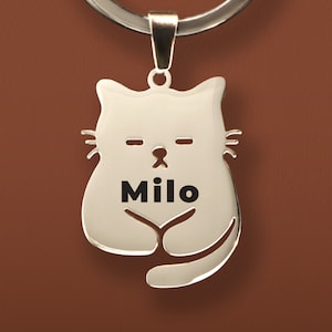 Cute Cat Shape ID Tag, Custom Cat Keychain Cat Collar Tag, Personalized Cat Lover Gift, Engraved Cat Name Tag