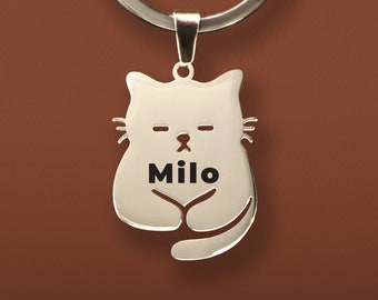 Cute Cat Shape ID Tag, Custom Cat Keychain Cat Collar Tag, Personalized Cat Lover Gift, Engraved Cat Name Tag