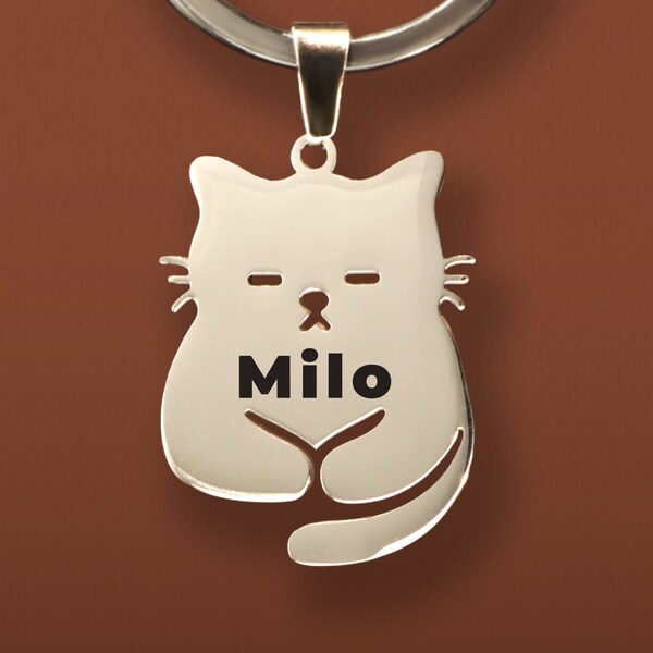 Médaille d'identification en forme de chat mignon, étiquette de collier de chat porte-clés de chat personnalisé, cadeau personnalisé pour amoureux des chats, étiquette de nom de chat gravée