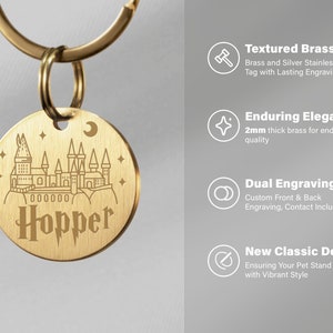 May include: A gold-toned pet ID tag featuring a Hogwarts castle design and the name "Hopper" engraved on it. The tag is attached to a silver key ring. The tag is made from textured brass and is 2mm thick for durability. It offers dual engraving, allowing for personalisation on both sides.