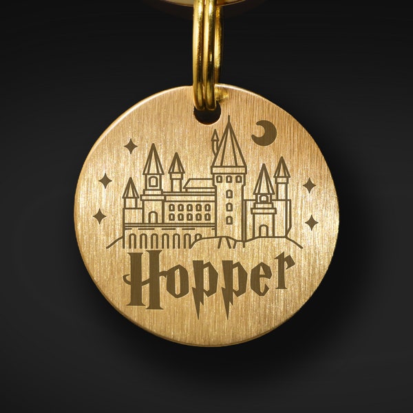 Brushed Brass Dog ID Tag, Custom Gifts for Dog and Cat Lovers, Wizard Castle Personalized Pet ID Tag in Solid Brass