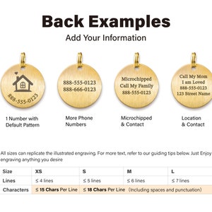 May include: Four examples of engraved gold dog tags with different text and designs. The tags show a house icon, phone numbers, microchipped information, and a location and contact information. A table below shows the maximum number of lines and characters per line for each size tag.