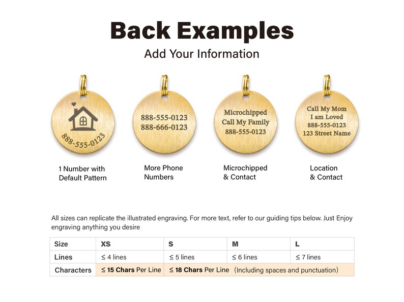 May include: Four examples of engraved gold dog tags with different text and designs. The tags show a house icon, phone numbers, microchipped information, and a location and contact information. A table below shows the maximum number of lines and characters per line for each size tag.