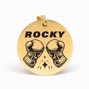 Médaille d'identification personnalisée pour animal de compagnie, gant de boxe, plaque gravée pour collier de chien, plaque nominative pour chien Rocky, cadeaux personnalisés pour les amoureux des animaux de compagnie