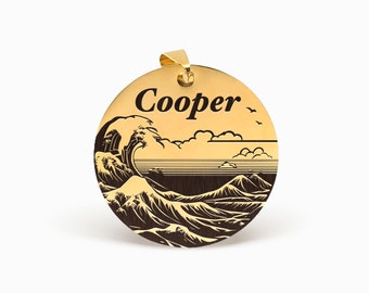Custom Dog Name Tag, Gifts for Dog and Cat Lovers, Ocean Waves Dog ID Tag, Personalized Engraved Pet ID for Outdoor Adventures