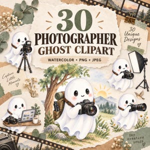 30 fotograf spöken akvarell clipart-paket, PNG + JPEG (digital nedladdning)