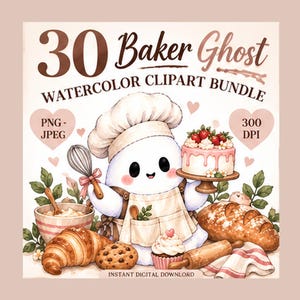 30 Baker Ghost akvarell Clipart Bundle, Bageri Bakning PNG JPEG (digital nedladdning)
