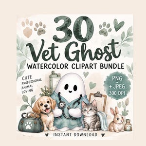 30 akvarell clipart-bilder med veterinärspöken, djurklinik PNG JPEG (digital nedladdning)