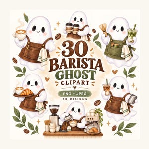 30 Barista Ghost akvarell Clipart Bundle, Coffee Shop PNG JPEG (digital nedladdning)