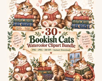 30 Bookish Cats Clipart Bundle – Watercolor Reading Cat PNG & JPEG