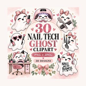 30 Ghost Nail Tech akvarell Clipart-paket, salongsverktyg, PNG JPEG (digital nedladdning)