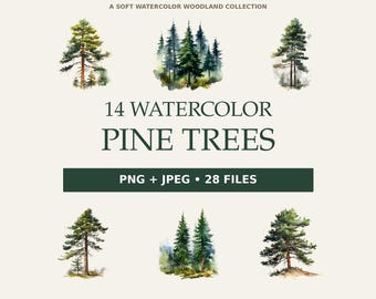 Puede incluir: Una colección digital de 14 pinos en acuarela con varias ilustraciones de árboles coníferos verdes. El texto dice A SOFT WATERCOLOR WOODLAND COLLECTION, 14 WATERCOLOR PINE TREES, y PNG + JPEG • 28 FILES en letras de color verde oscuro.