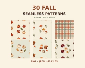 30 Fall Seamless Patterns – Autumn Digital Paper PNG & JPEG Bundle