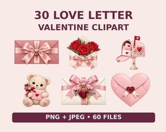 30 Valentine Love Letter Clipart – Romantic Mail PNG & JPEG Digital Download