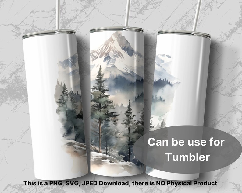 Puede incluir: Ilustraci&oacute;n de acuarela de una cordillera con un pico nevado, rodeada de &aacute;rboles y niebla. La imagen es adecuada para usar en un vaso.