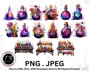 Imágenes prediseñadas de poción de acuarela, poción mágica, imágenes prediseñadas de poción de fantasía, imágenes prediseñadas de fantasía, poción digital, descarga digital, poción de mago, brujas