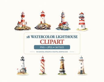 18 Watercolor Lighthouse Clipart Bundle – Coastal PNG & JPEG Digital Download