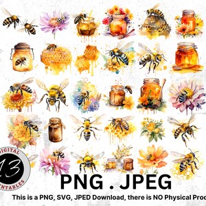 Watercolor Honey Bee Clipart, Honey Comb Clipart, Digital PNG, Bees Vector, Bees Clipart, Watercolor Bees PNG, Bee Sublimation, Bees SVG