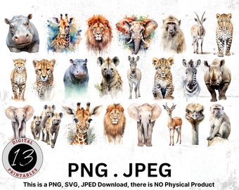 Watercolor Safari Clipart, African Clipart, Animals Clipart, Safari, Watercolor Animals, Nursery Wall Art, Digital Animal, Digital Download