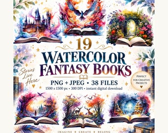 Puede incluir: Una colección digital de 19 libros de fantasía en acuarela con ilustraciones de castillos, aves, arcos florales, bosques y ciervos. El texto dice 19 WATERCOLOR FANTASY BOOKS, Stories Live Here, PNG + JPEG, 38 FILES, 1500 x 1500 px, 300 DPI, instant digital download, PERFECT FOR CREATIVE PROJECTS, IMAGINE + CREATE + BELONG.