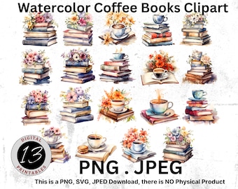 Watercolor Book and Coffee Clipart, Stack of Books PNG, Sublimation, Books Clipart, Book and Coffee PNG, Watercolor Books Clipart, Book PNG