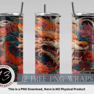 Japanese Dragon 20oz Sublimation Tumbler Designs, Sublimation Design png, Straight and Tapered Skinny Tumbler Wrap png, Dragon Design png